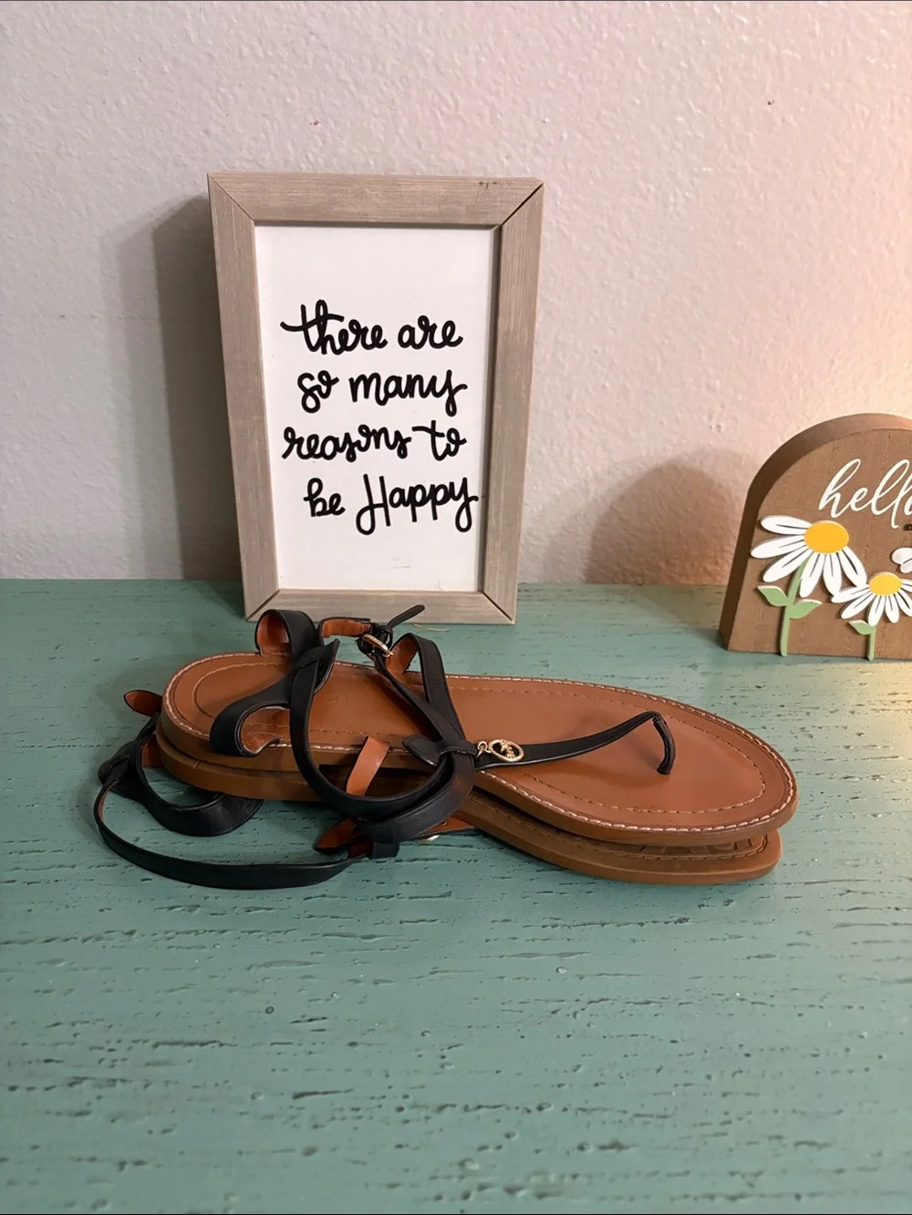Coach Black Leather T-Strap Sandals with Gold Logo Charm